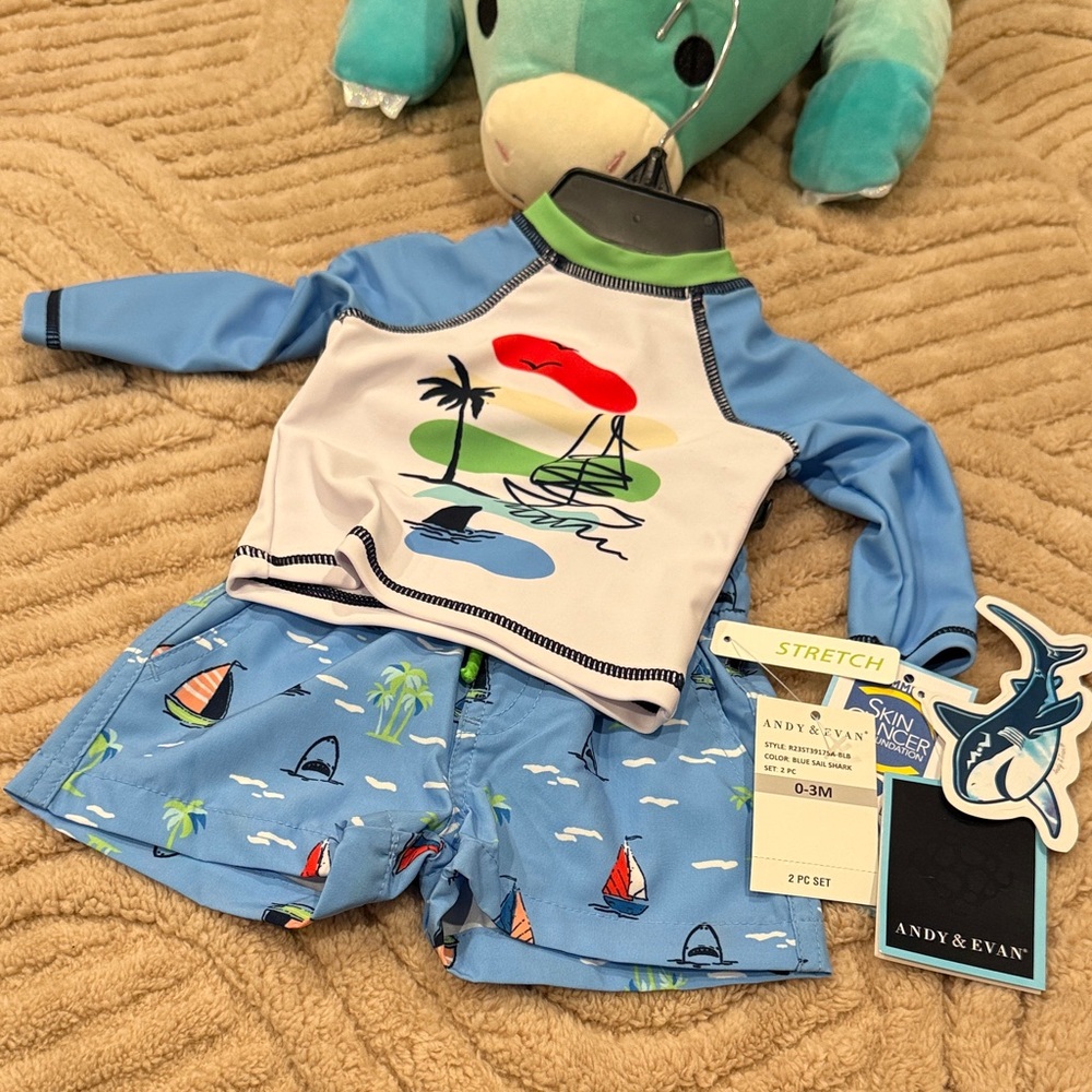 Andy & Evan Blue and White Rashguard Set with Sailboat Print